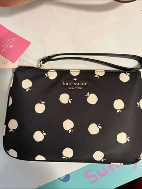 kate spade Black Wristlet with Cream Apple Print